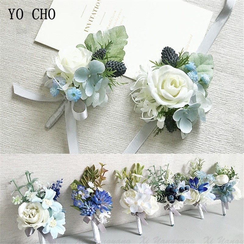 YO CHO Wedding Accessories Boutonnieres Men Ribbon White Roses Blue Orchid Marriage Corsages Boutonnieres Groom Wedding Supplies