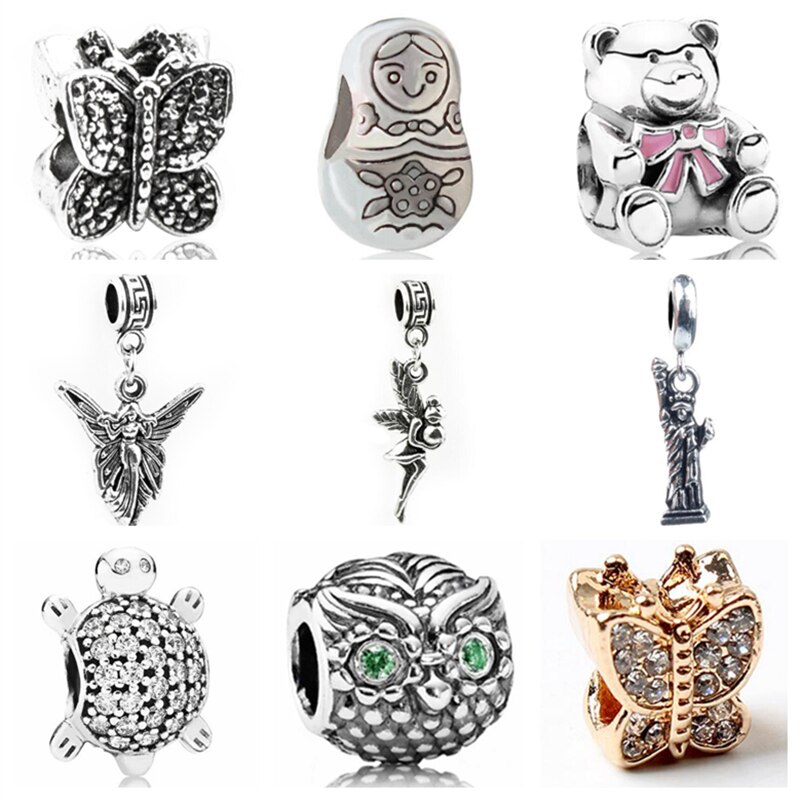 Btuamb Maxi Butterfly Lucky Doll Owl Animal Charm Beads Fit Original Pandora Bangles Necklaces Femme Making Jewelry Gift Colares