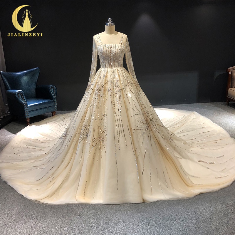 JIALINZEYI Real Picture luxurious Long SLeeves High Quality Long Train Crystal Beads Wedding Dresses wedding gown dress 2021