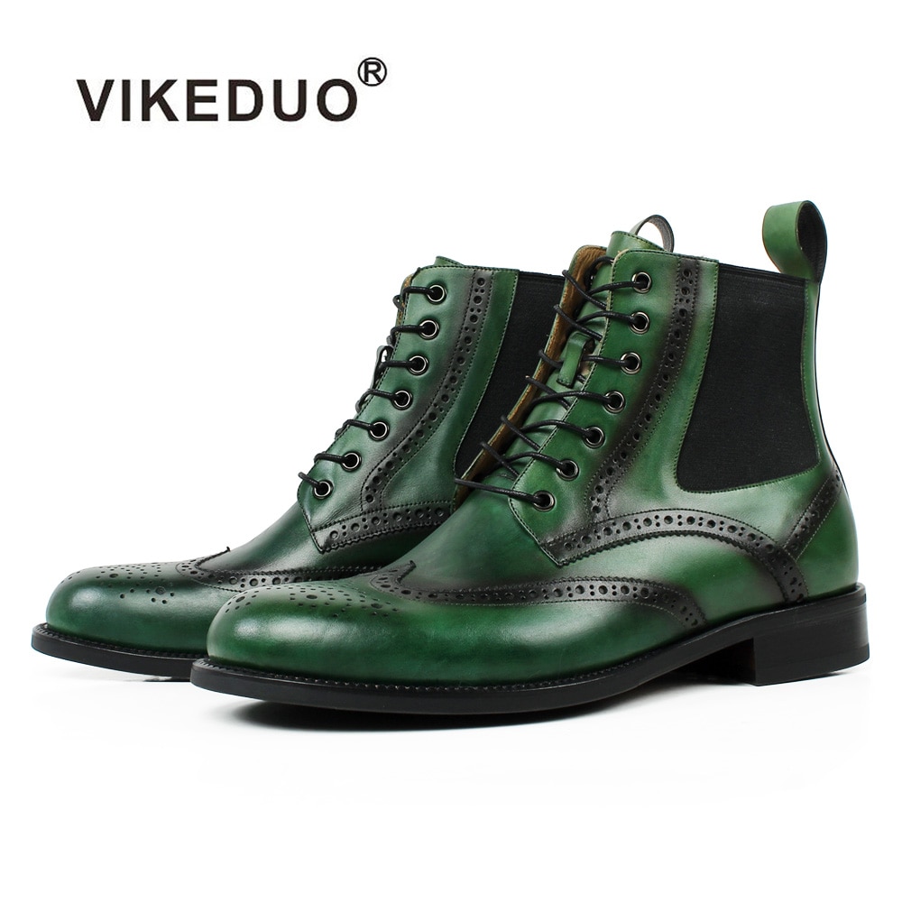 VIKEDUO Full Brogue Round Toe Patina Genuine Cow Leather Men's Ankle Boots Lace-Up Handmade Brand Customized Green Chelsea Boots