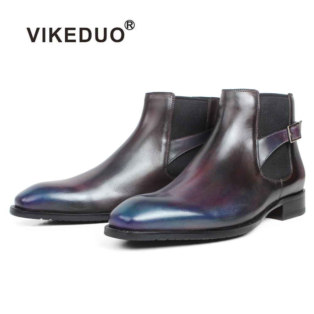 VIKEDUO Ankle Boots Men Genuine Cow Skin Buckle Patina Square Toe Custom Made Flat Slip-On Leather Shoes Leather Chelsea Boots