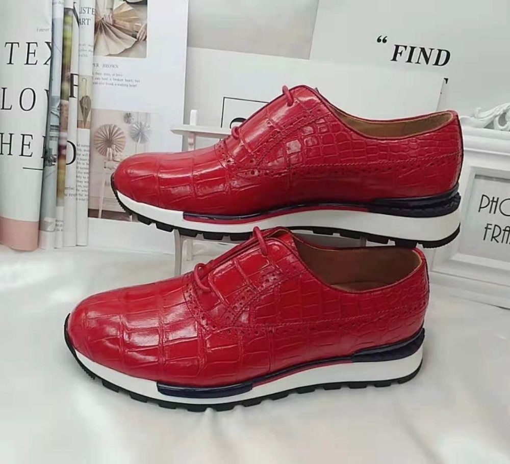 100% Genuine real crocodile belly skin men shoe durable solid glossy red color crocodile skin men fashion leisre sport shoes