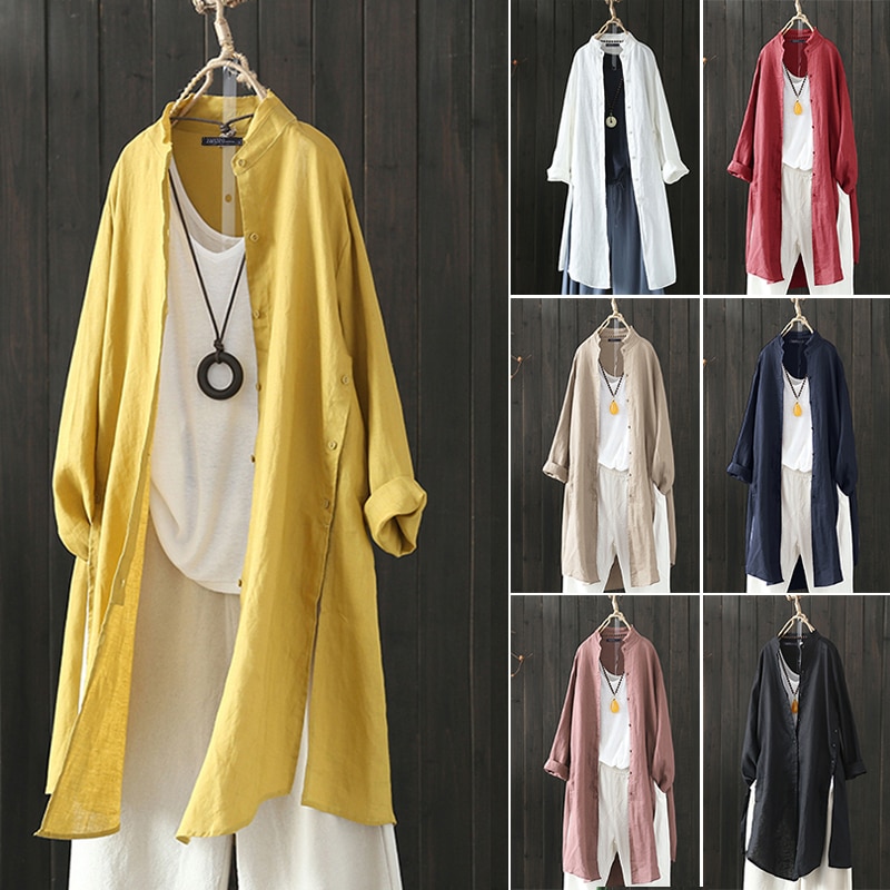 2021 Autumn Solid Long Shirt ZANZEA Women OL Cardigan Casual Lapel Long Sleeve Tunic Tops Vintage Cotton Linen Shirts Plus Size