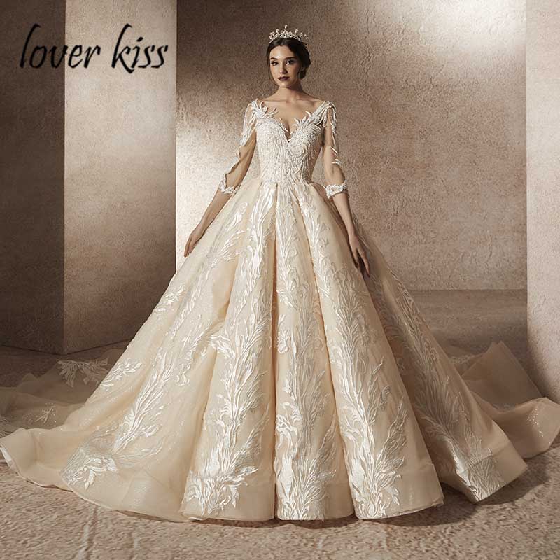 Lover Kiss Vestido De Noiva 2021 Sparkly Luxury 3/4 Sleeves Wedding Dresses Turkey Lace Bride Dress Arab Real robe de mariage
