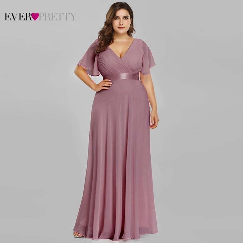 Plus Size Evening Dresses Ever Pretty V-neck Nay Blue Elegant A-line Chiffon Long Party Gowns 2020 Short Sleeve Occasion Dresses