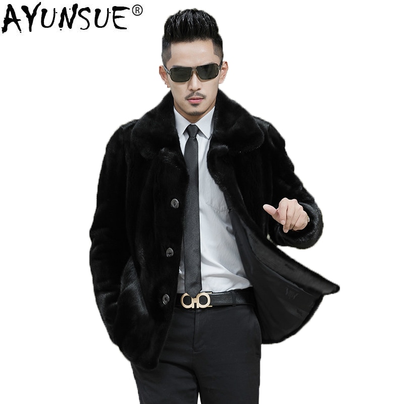 AYUNSUE Real Mink Fur Coat Men Winter Jacket Man New Natural Fur Coats Mens Mink Jackets Luxury Coat overcoat G05-AC618 KJ1346