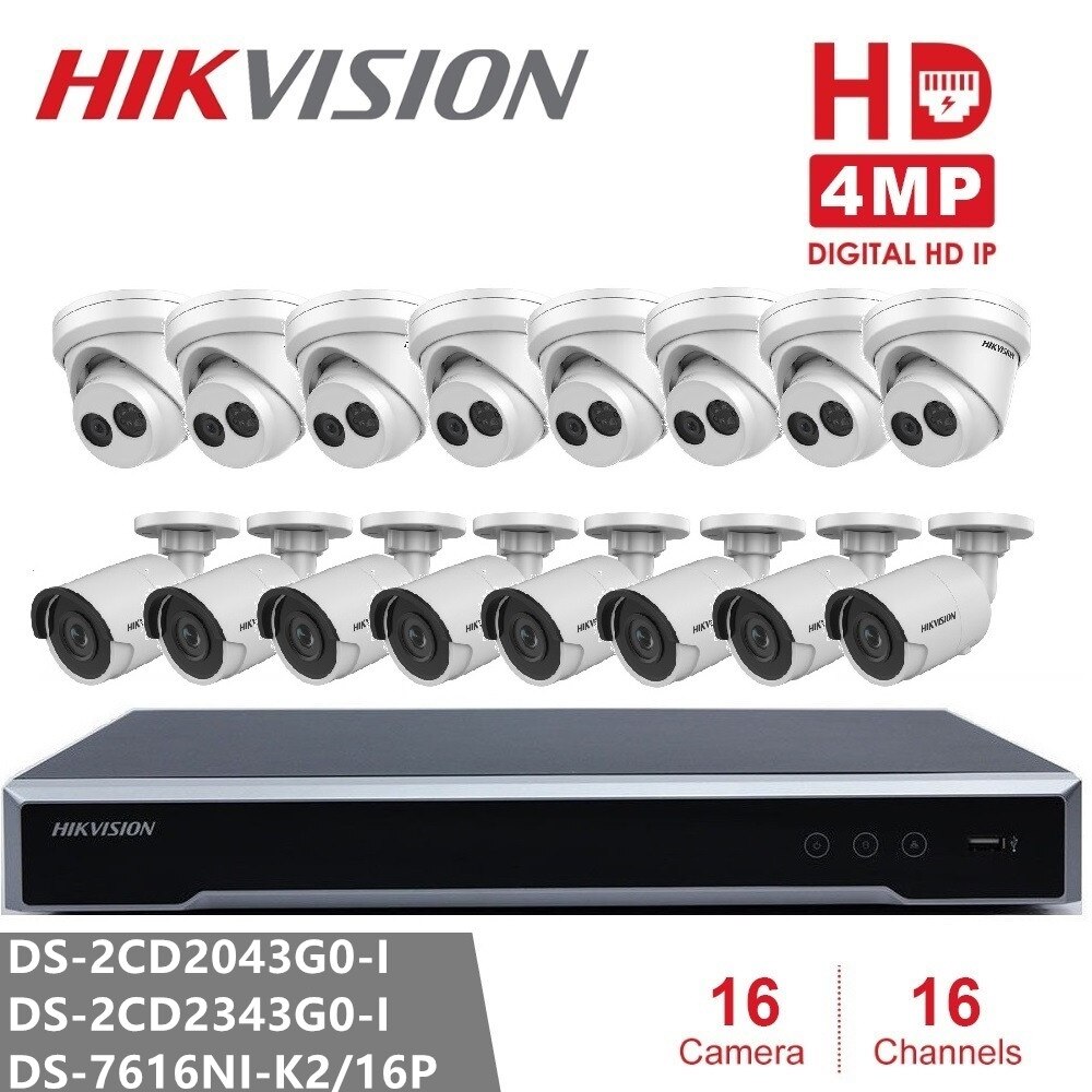 Hikvision Video Surveillance Kits NVR DS-7616NI-K2/16P 16POE + DS-2CD2343G0-I & DS-2CD2043G0-I 4MP IP High Resoultion WDR POE IR