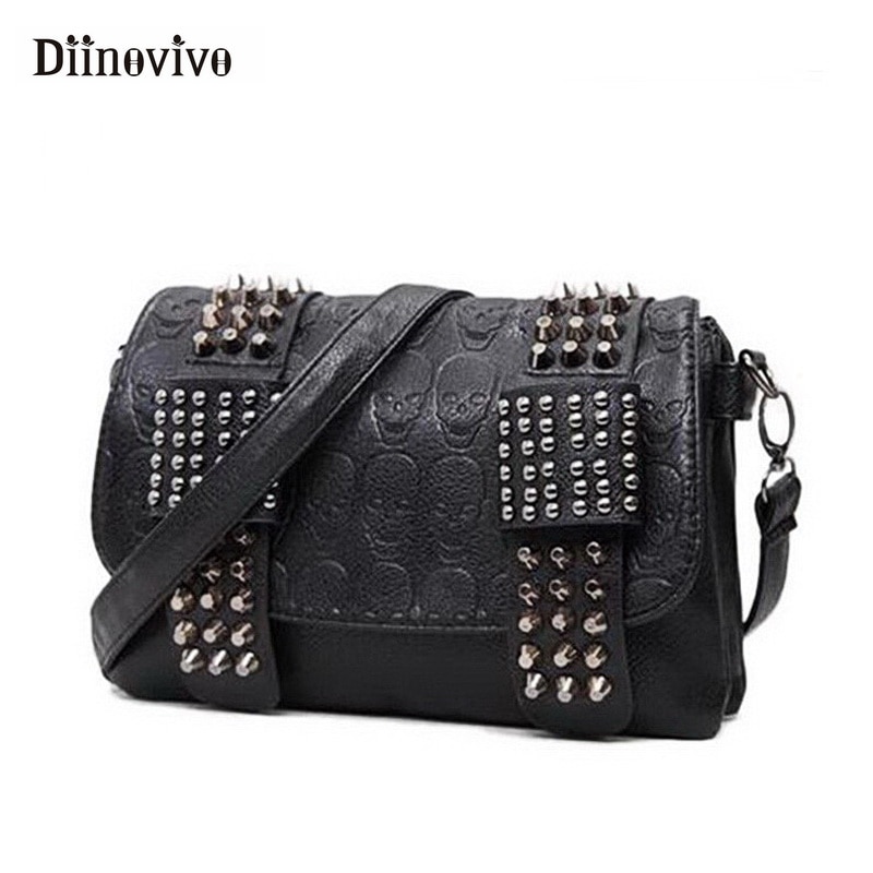 DIINOVIVO 2021 New Rivet Women Bag PU Leather Shoulder Bags Skull Bag Punk Crossbody Bags For Women Chain Messenger Bag WHDV0934