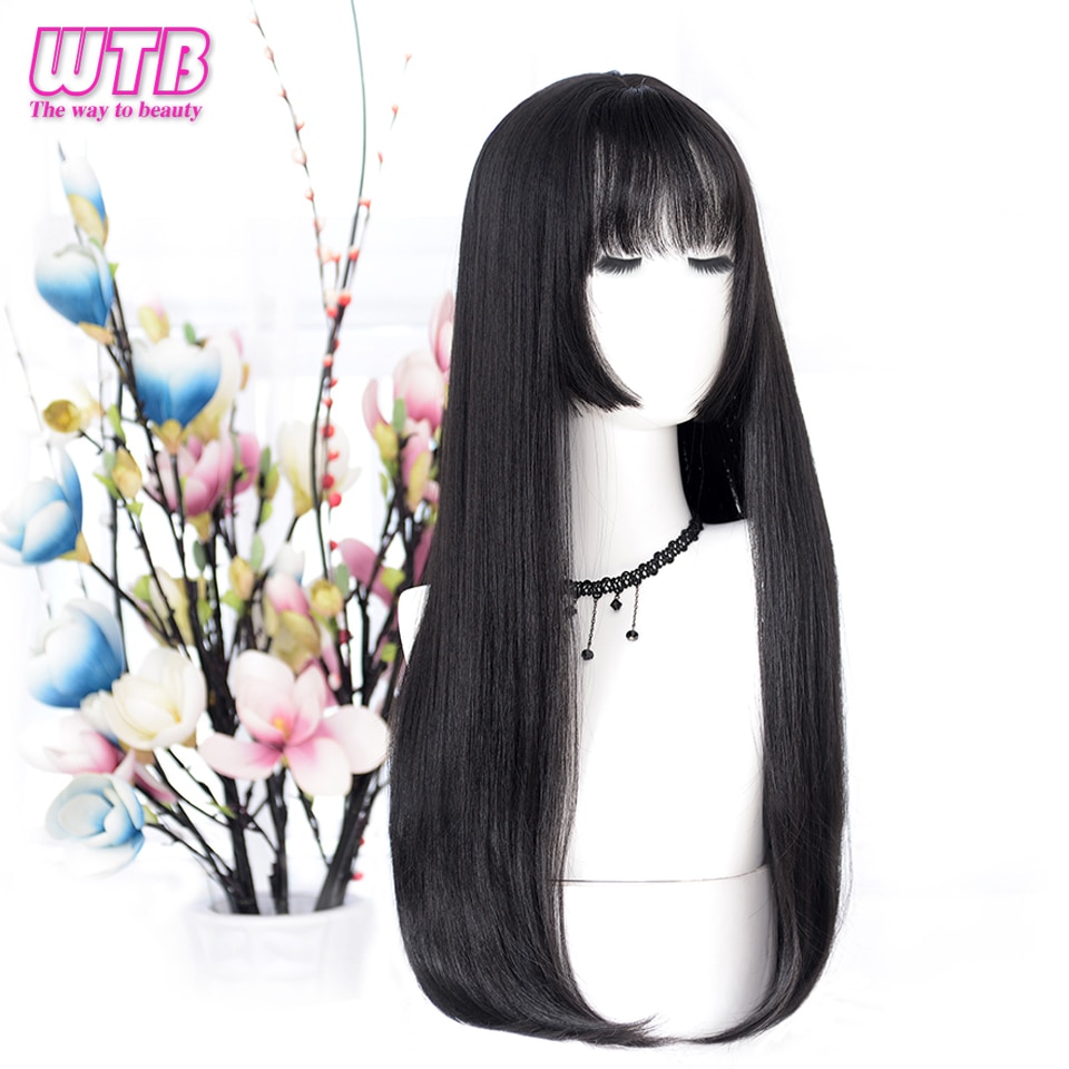 WTB Long Straight Hair Black Synthetic Lolita Wigs with Bangs for Women Fashion Female Cosplay Party Christmas Wigs Free Gifts