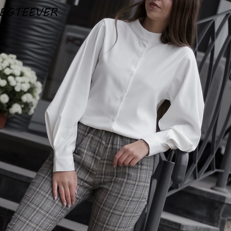 BGTEEVER Vintage Lantern Sleeve Spring Summer Women Shirt Blouses Single Breasted Blouse Female Loose Shirts Tops blusas mujer