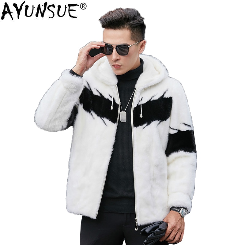 AYUNSUE Men's Fur Coat Real Mink Fur Jacket Hooded Plus Size Mens Mink Coat Short Luxury Jackets Men Natural Fur Coats KJ1404