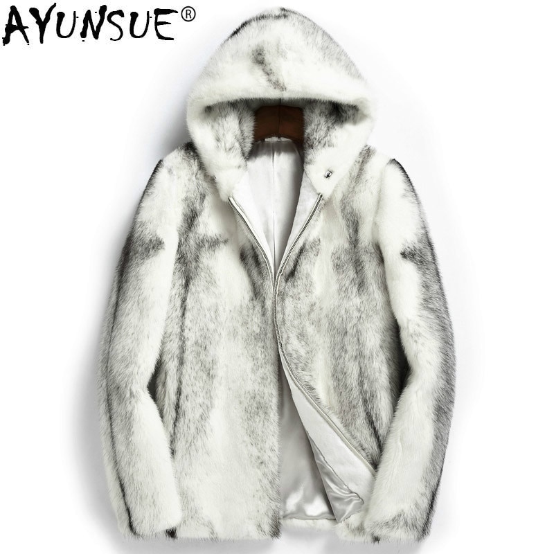 AYUNSUE Real Mink Fur Coat Men Warm Winter Jacket Hooded Short Natural Fur White Luxury Coat Mens Mink Jackets KJ1509