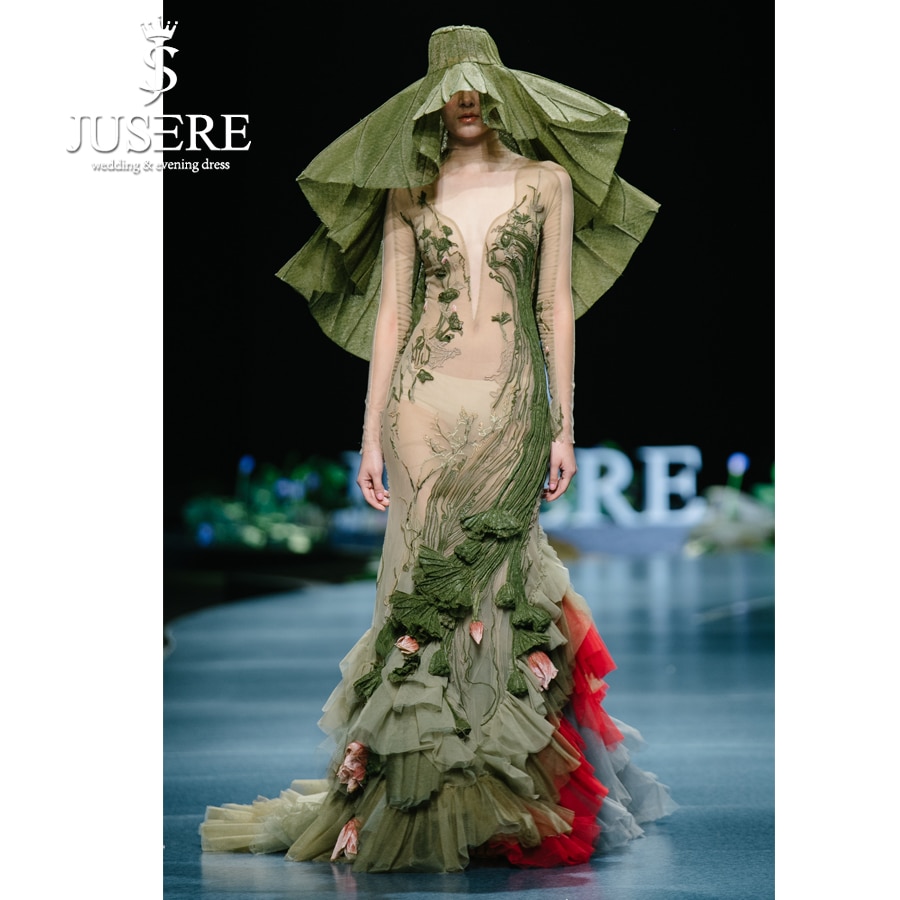 JUSERE FASHION SHOW Green Mermaid Prom Dress Lace Appliques Embroidery Flower Long Prom Dresses Dress robe de soiree