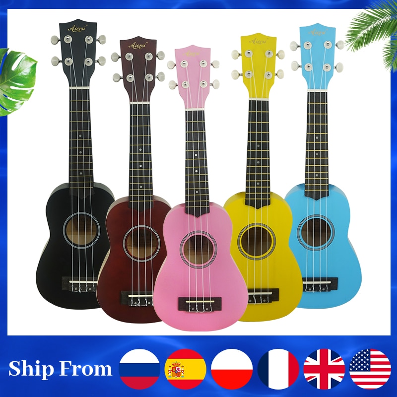 Aiersi 21 Inch Soprano Ukulele for Beginners, Kid Guitar Four String Wood Black Brown Pink Yellow Blue Children Ukelele