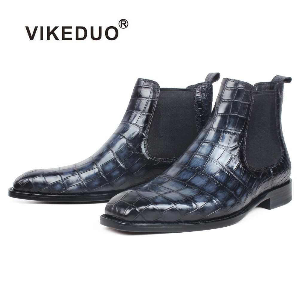 VIKEDUO Genuine Crocodile Leather Chelsea Boots For Men Plaid Patina Mans Footwear Plus Size Square Toe Luxury Brand Ankle Boots