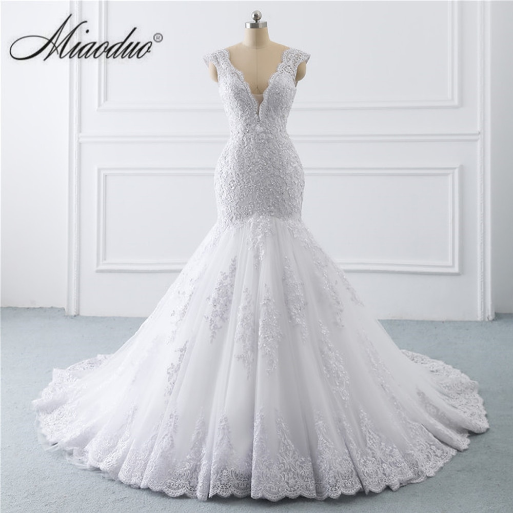 Miaoduo Wedding Dress 2021 Mermaid Vestidos De Noiva for Women Pearls V Neck Lace Black Robe De Mariée Plus Size suknia ślubna