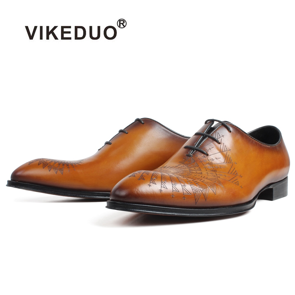 VIKEDUO Full Grain Leather Oxford Shoes For Men Special Engraving Patina Brown Custom Made Wedding Office Footwear Dress Shoes