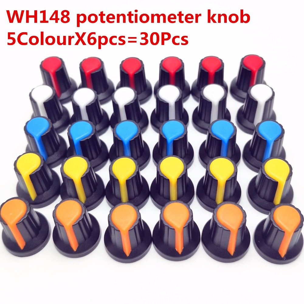 30pcs 5color WH148 potentiometer knob cap(copper core) 15X17mm 6mm Shaft Hole AG2 Yellow Orange Blue White Red 5color*6PCS=30PCS