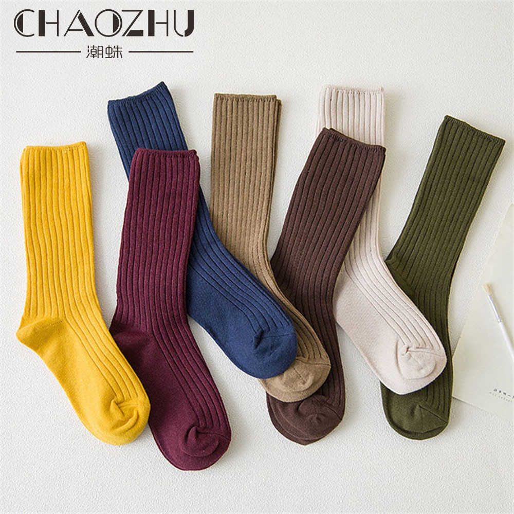 CHAOZHU 2019 New Loose Socks Women 200 Needles Cotton Knitting Rib Solid Colors 14 Kinds of 4 Seasons Basic Daily Women Socks