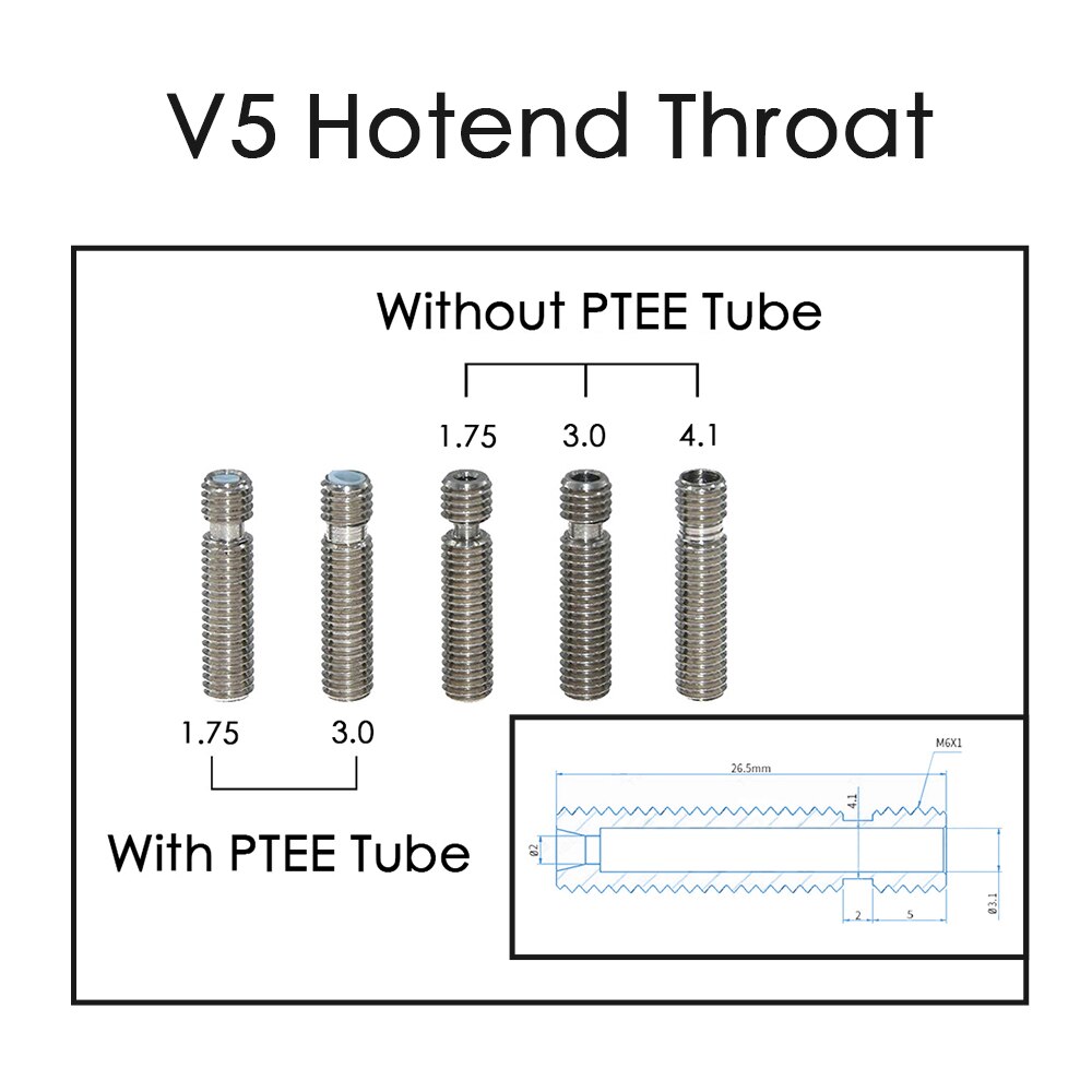 3D Printer parts Extruder 3D V5 Hotend Nozzle Throat Heat Break All Metal / With PTFE Pipe M6 M6 For 1.75/3.0mm Filament