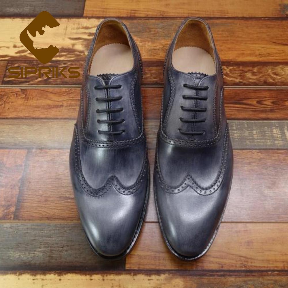 Sipriks Mens Patina Gray Calfskin Goodyear Welt Brogues Shoes Boss Male Vintage Wingtip Dress Gents Suit Social Italian Handmade