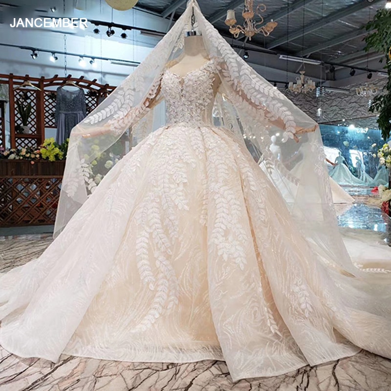 HTL186 2020 new design beauty wedding dresses with detach train full off leaves lace appliques luxury wedding gown with veil