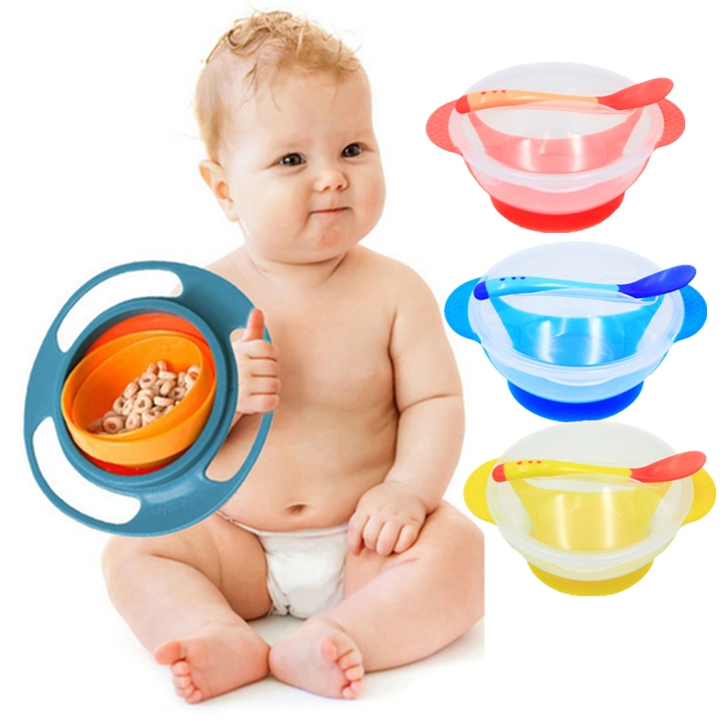 Universal Gyro Bowl Children's Tableware Baby Learning Dishes With Suction Cup Temperature Sensing Spoon Baby Feeding Bowl