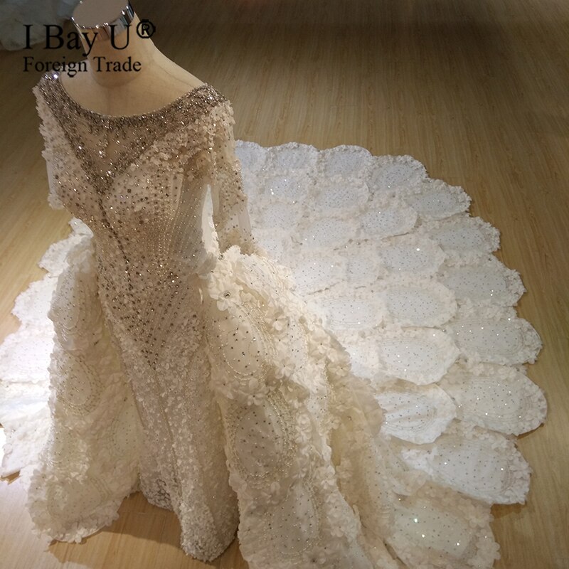 Crystal Beaded Lace Appliques Sexy Mermaid Wedding Dress with Detachable Train Bridal Gown