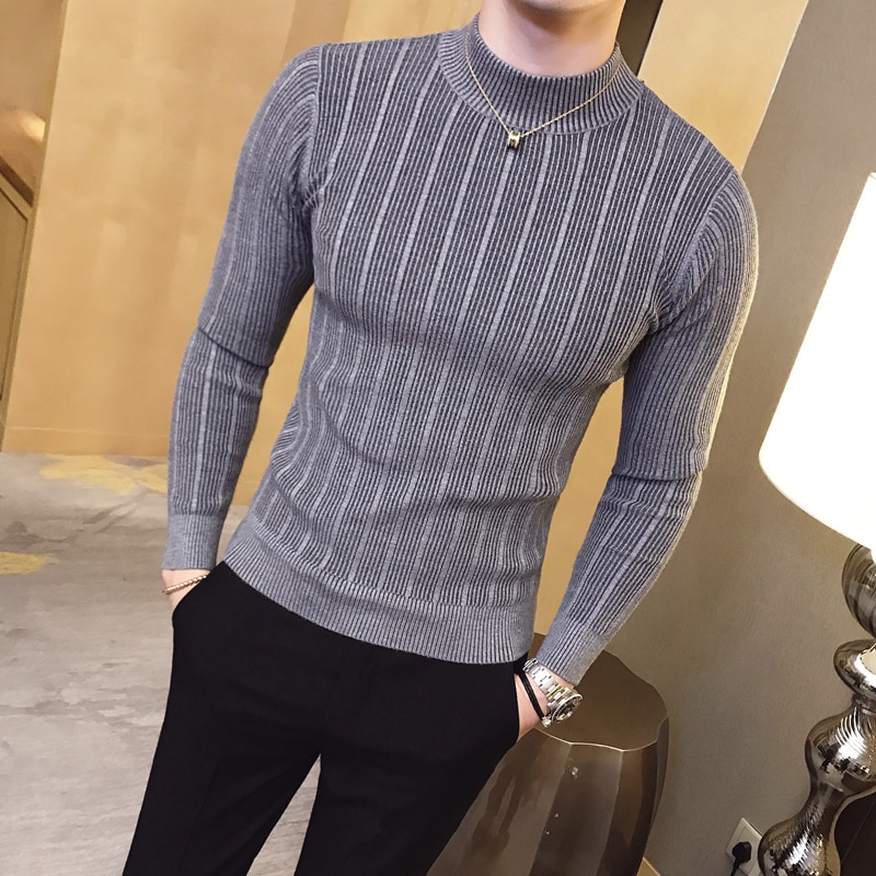 Pullover men's sweater 2021 casual striped solid color sweater men's half-high collar stretch tight sweater slim knit top