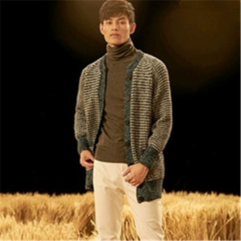 100% hand made pure wool knit men fashion Oneck striped loose single breasted cardigan sweater customized