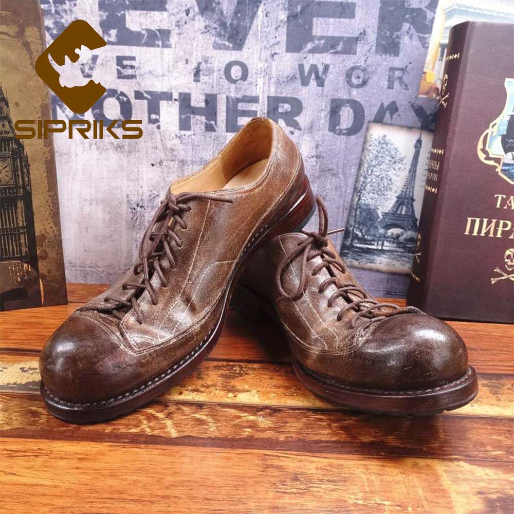 Sipriks Mens Casual Leather Shoes Unique Handmade Goodyear Welted Shoes Big Round Toe Footwear Shoes Leather Sole With Rubber 45