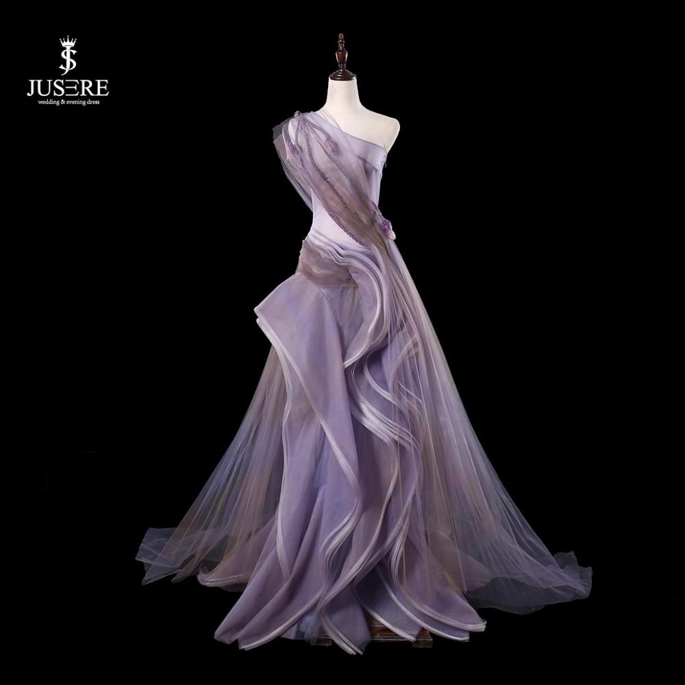 JUSERE Purple One Shoulder Long Evening Dress Hand Beading Sexy See Through Floor Length Evening Dresses Party Gowns