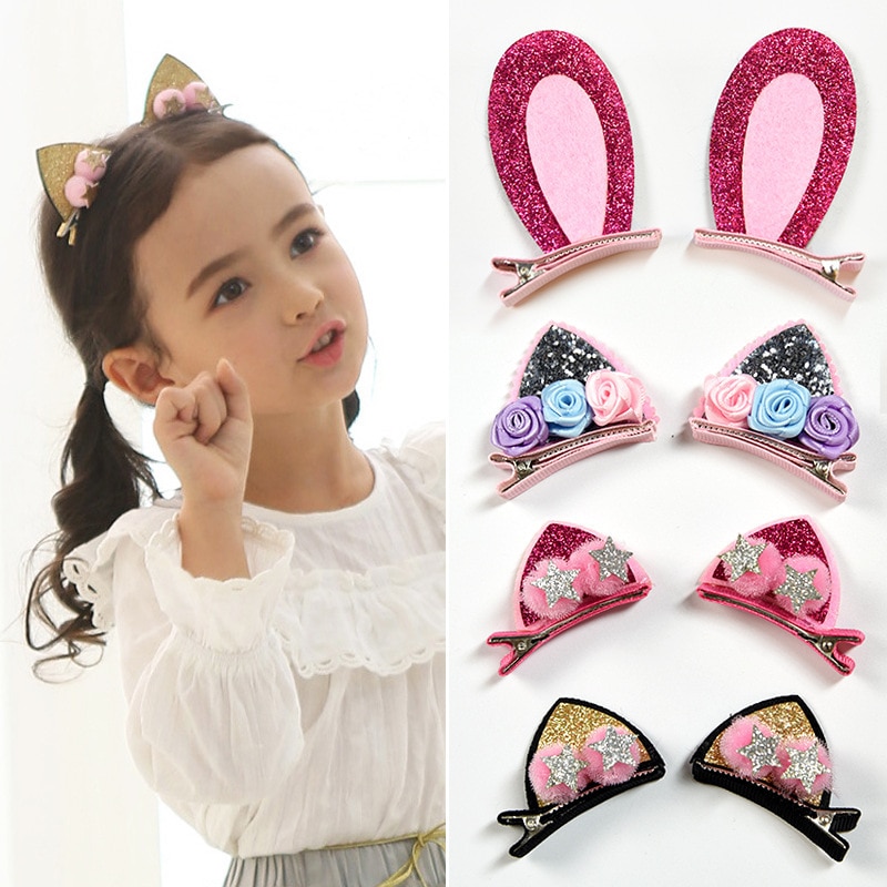 2 pieces / set of cute children's hair accessories cat ears rabbit furry girl hairpin flash rainbow felt cloth