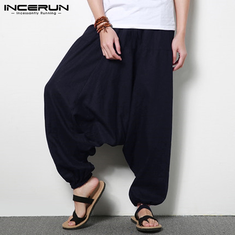 INCERUN Streetwear Harem Pants Men Hip-hop Drop Crotch Cotton Joggers Wide Leg Pants Trousers Men Chic Loose Pantalones Hombre