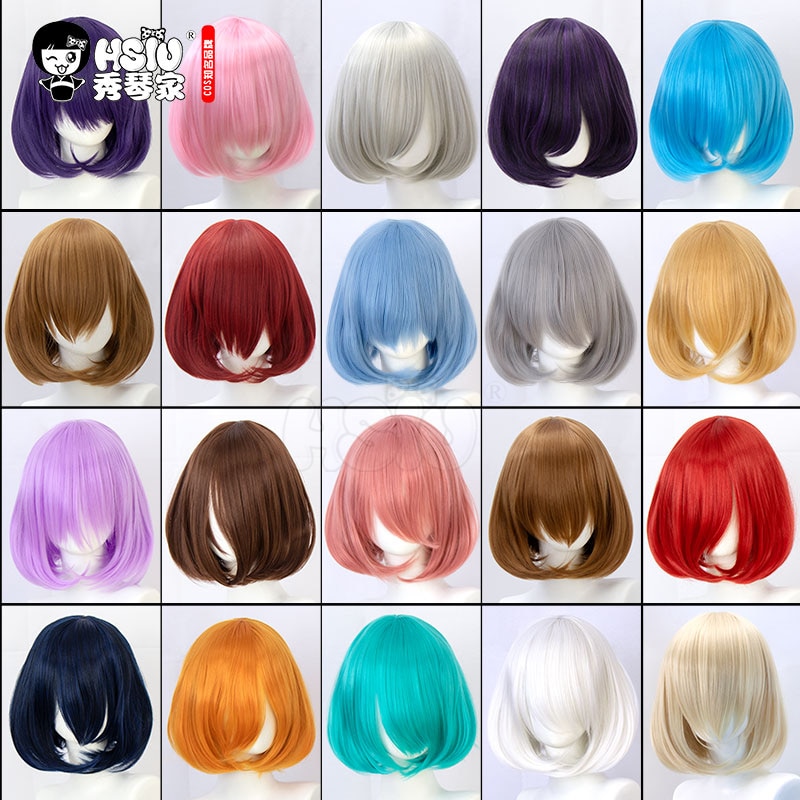 HSIU 35cm short Wig Black white purple blue red yellow high temperature fiber Synthetic Wigs Costume Party Cosplay Wig 23 color