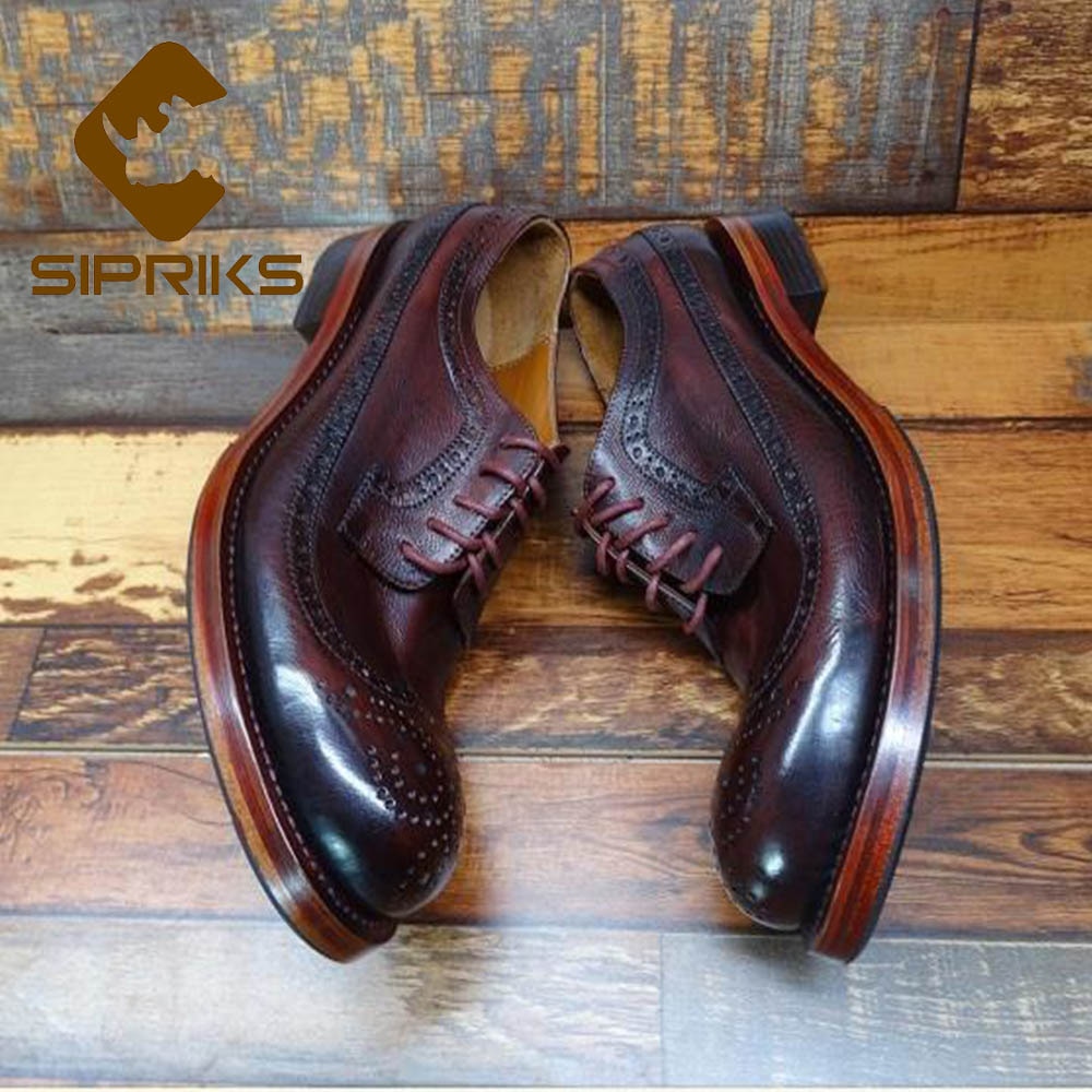 Sipriks Luxury Burgundy Italy Calf Leather Goodyear Welted Shoes Mens Classic Vintage Brogue Shoe Wingtip Dress Gents Suit 44 45