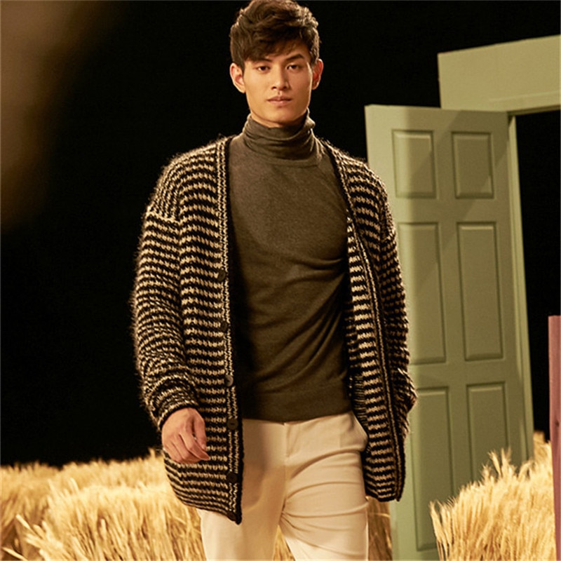 100% hand made pure wool Vneck knit men fashion black white striped H-straight cardigan sweater customized