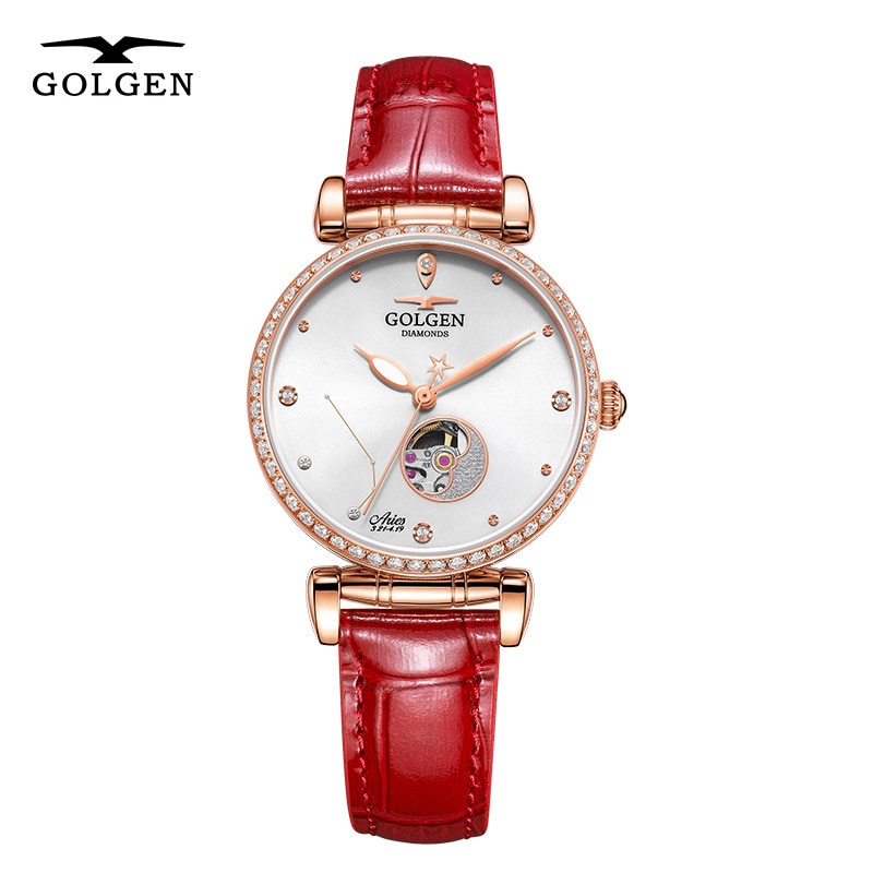 GOLGEN Women Mechanical Watch 12 Horoscope Zodiac Waterproof Female Skeleton Automatic Wristwatch Relogio Feminino