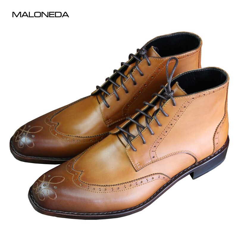 MALONEDE Custom Handmade Italian Brogue Style Ankle Boots Shoes Genuine Cow Leather Lace Up Short Boots With Goodyear Handcraft