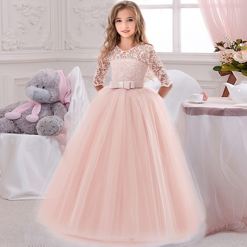 Flower Girl's Birthday Banquet Lace Stitching Dress Elegant Girl Evening Party Dress Princess Flower Girls Eucharist Party Dress