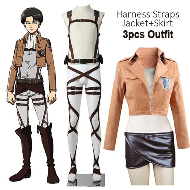 Hot Anime Attack on Titan Cosplay Shingeki no Kyojin Jacket Recon Corps Leather Skirt Hookshot Belts Suspenders Ackerman Costume