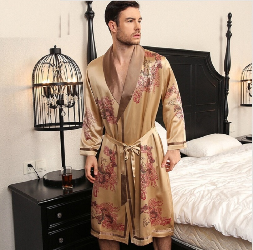 Silk Robe Gown Set Men Summer Spring 2019 Two Piece Sets Homewear Man Silk Sleepshirt Bathrobe Gown Set Male Sleepwear 2XL