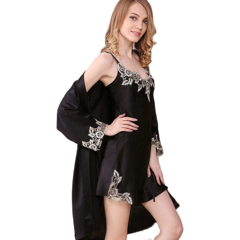 100% Silk Women Robe Sets Sexy Lace Embroidery Bathrobes 2-Piece Mulberry Silk Nightgowns Long-Sleeve Nightdress S2105