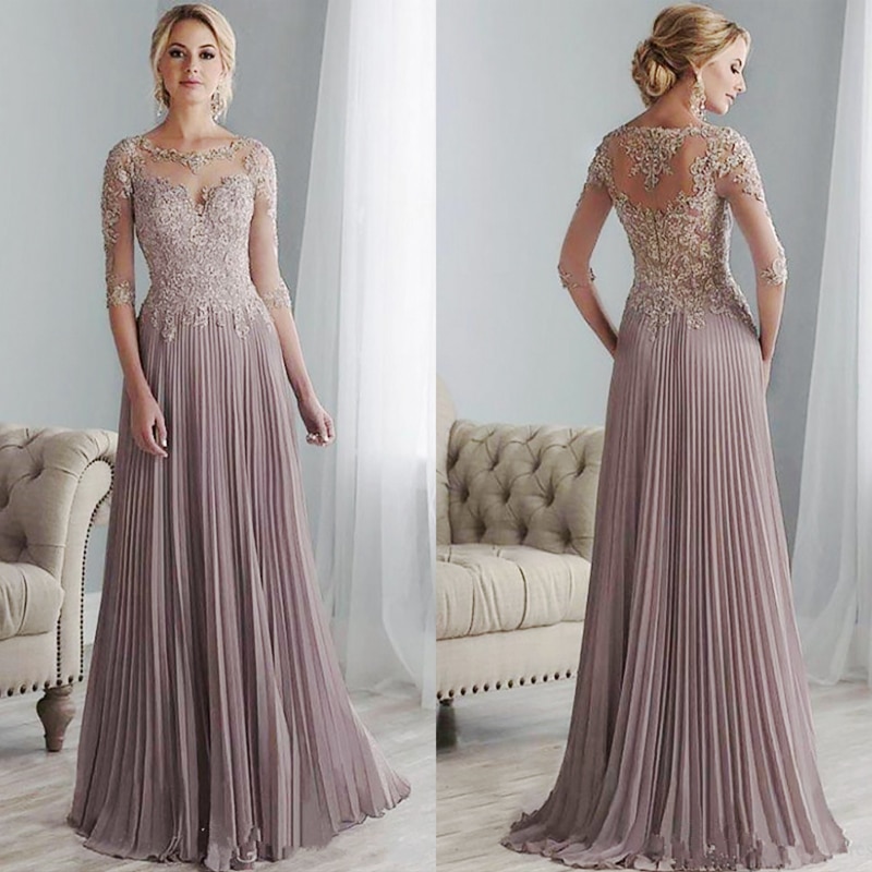 Purple Lace Mother of the Bride Dresses Plus Size Half Sleeves Groom Wedding Floor Length Pleated Chiffon Abito Mamma Sposa 2021