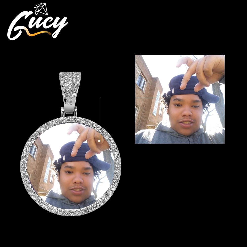 GUCY Fashion Custom Made Photo Roundness Solid Back Pendant & Necklace With Tennis Chain Cubic Zircon Men's Hip Hop Jewelry