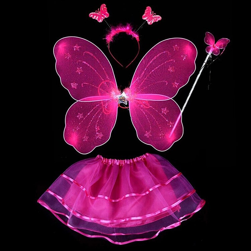 4Pcs Fairy Princess Kids Costume Sets Butterfly Wings Wand Headband Tutu Skirt 2020