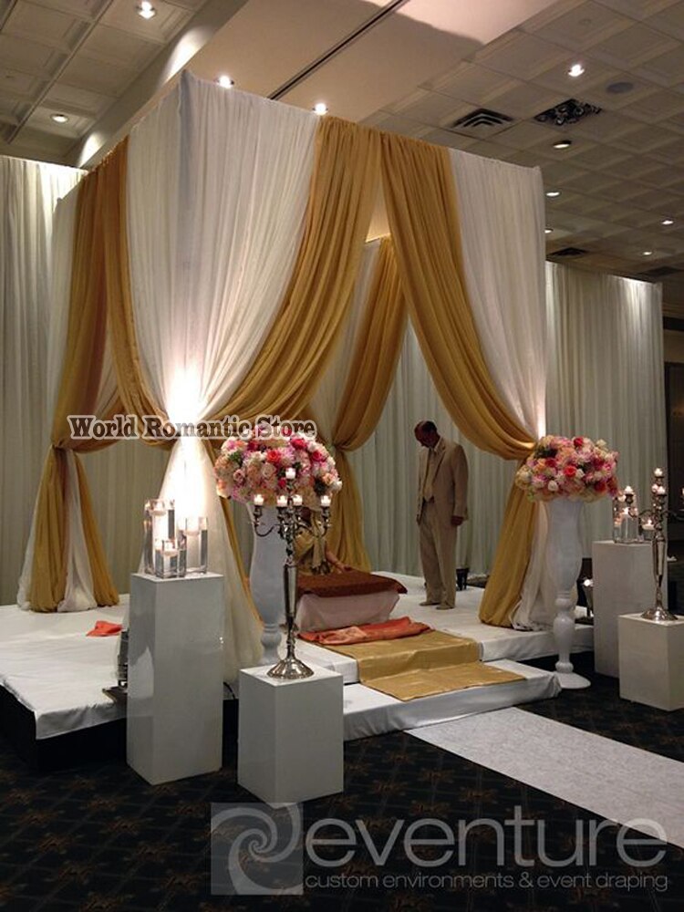 3*3*3M White with Gold Wedding Decoration Reception Hall With Matched Stainless Steel Stand Banquet Favors Canopy Drapes