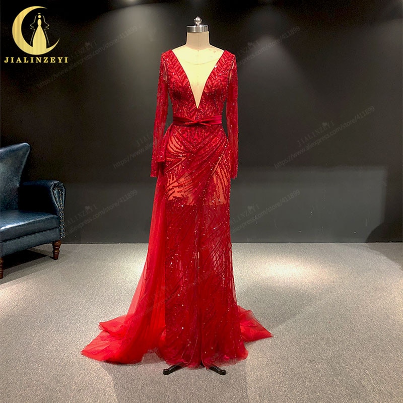 JIALINZEYI Real Sample Red Long sleeves Beads Sexy V Neck Crystal Mermaid Formal Dresses Party Evening Dresses