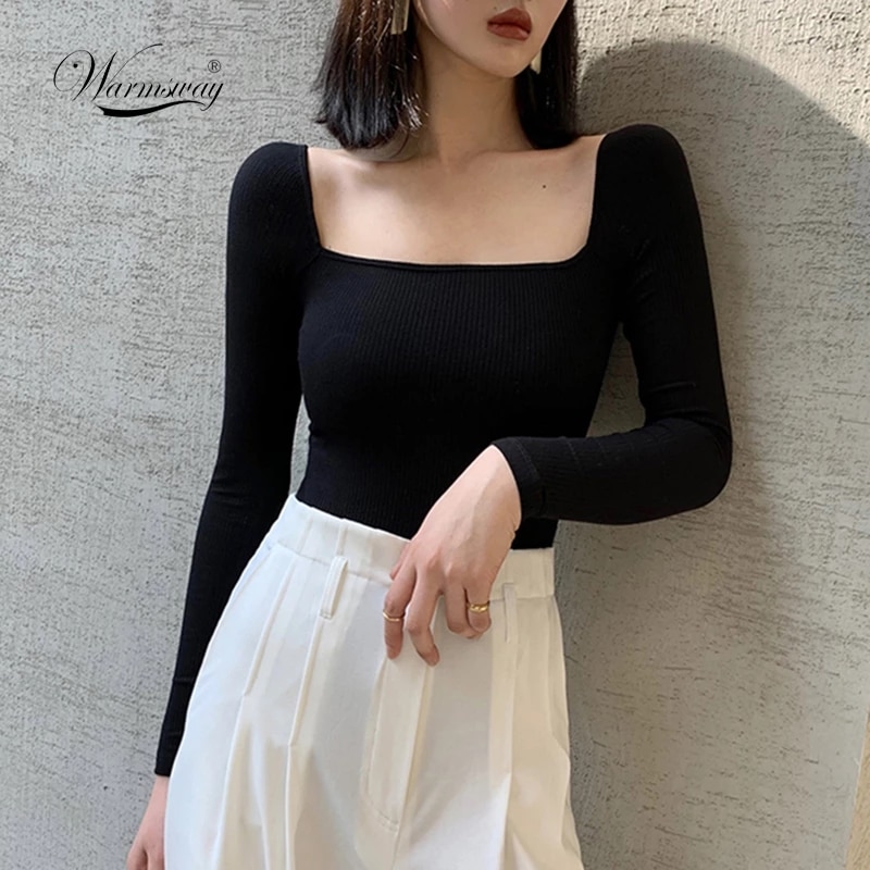 Black Office Lady Elegant Scoop Neck Long Sleeve Solid Mercerized Cotton Pullovers Tee 2021 Casual Women Y2K T-Shirt B-076