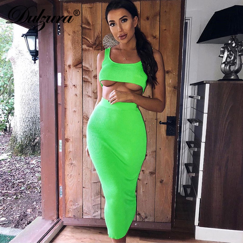 Dulzura neon ribbed knitted women two piece matching co ord set crop top midi skirt sexy festival party 2021 summer clothing